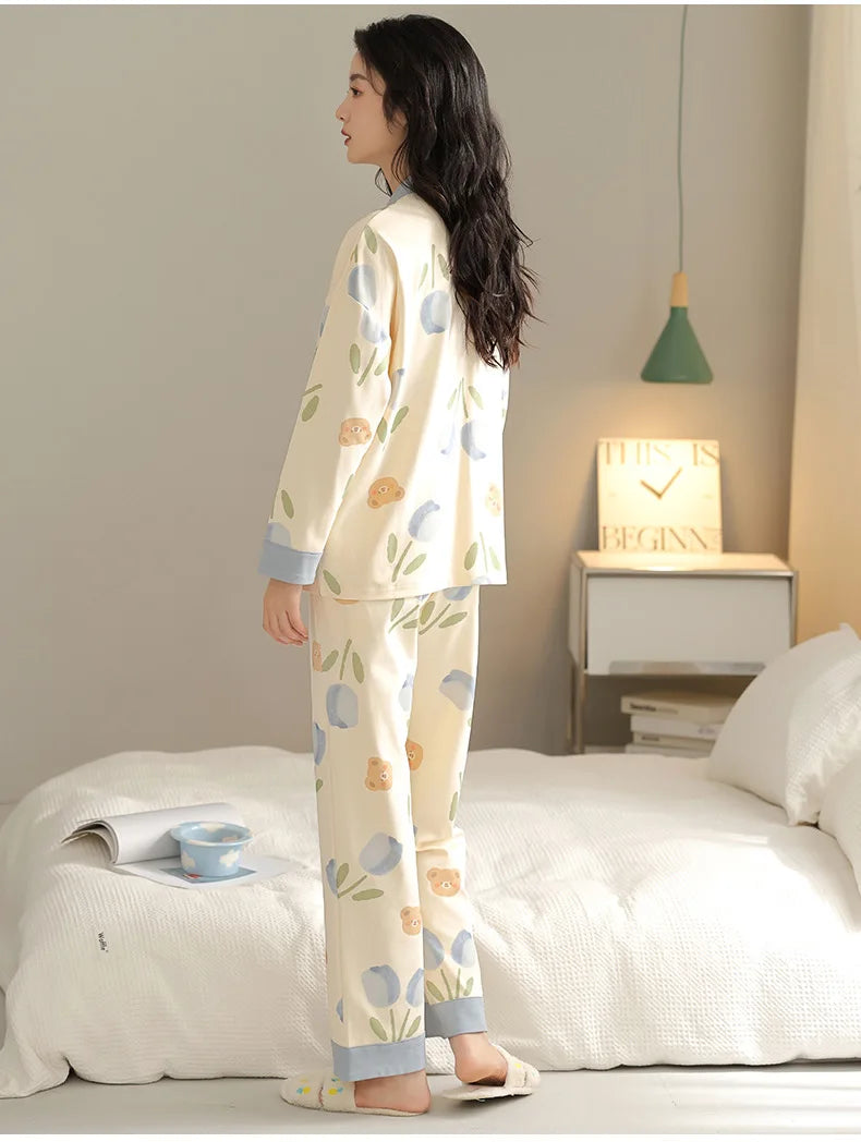 Y2k Women's 100% POLYESTER Pajamas with Cartoon Print Korean Fresh Ins Style Harajuku Lounges 2pcs 2024 New Spring/fall Homewear