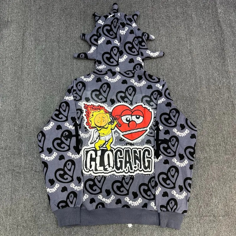 Unisex Glo Gang Zip Hoodie Cartoon Graphic Print Street Style Cozy Casual Wear
