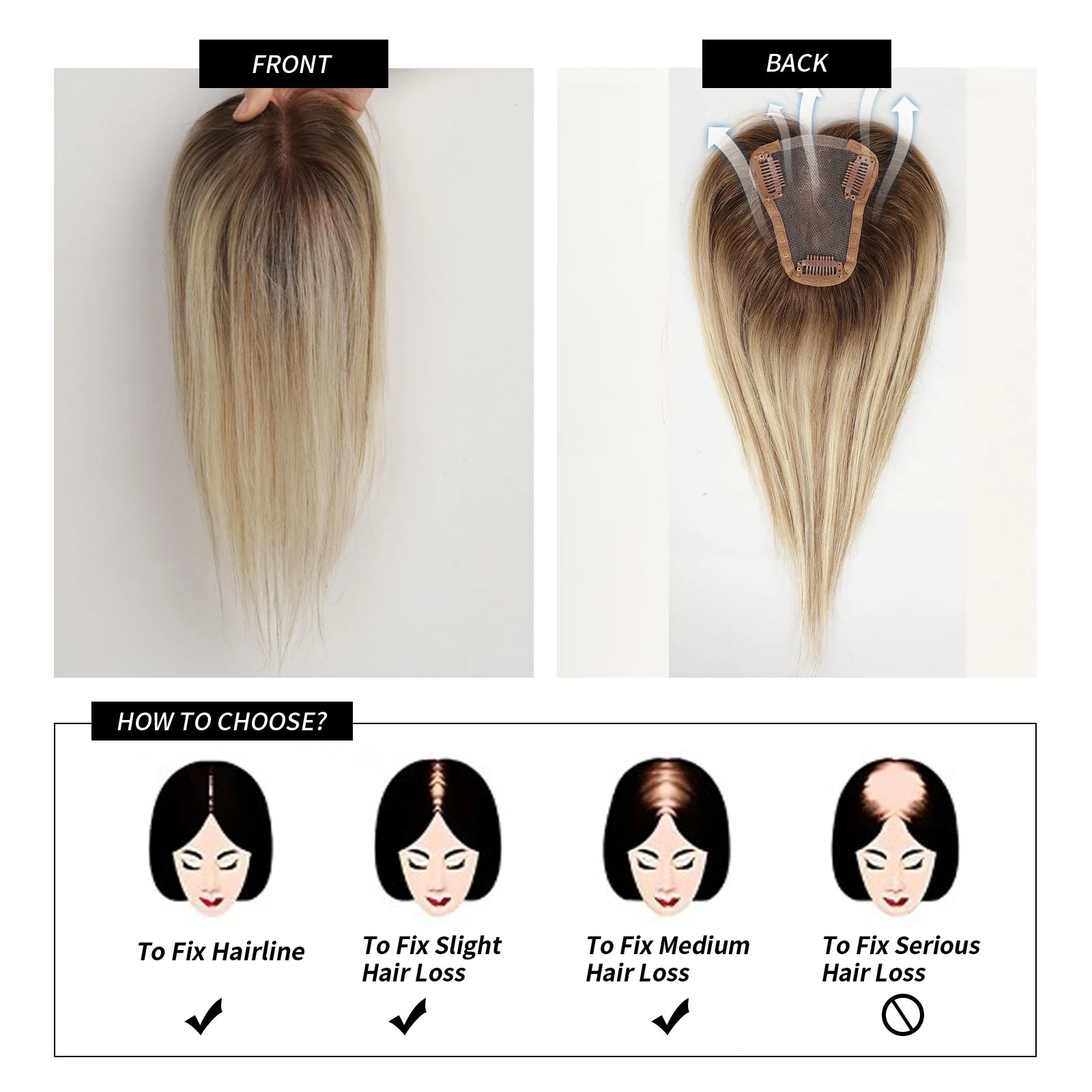 100% Remy Human Hair Toppers Ombre Light Brown Blonde Middle Part Human Hair Pieces for Women with Thinning Hair Clip in Toppers