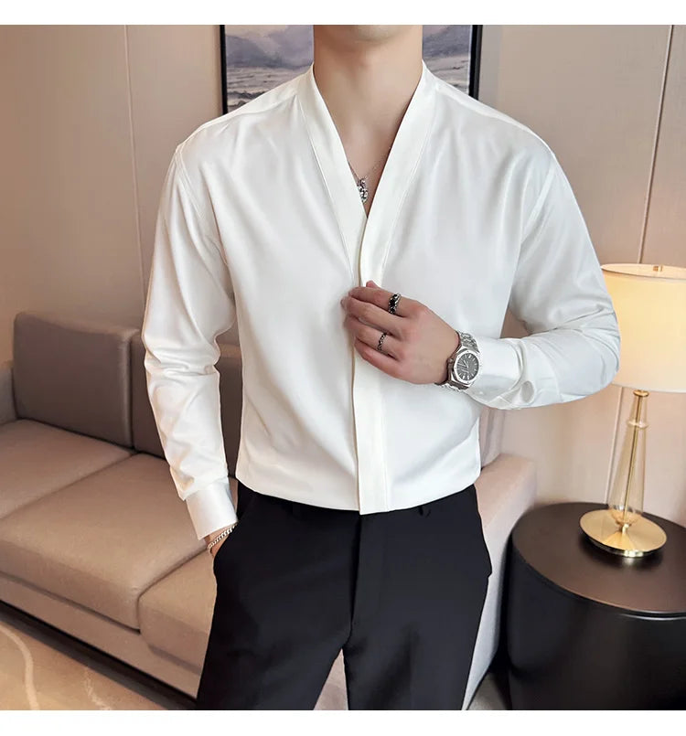 High Quality Collarless Shirts Men Fashion Slim Fit Long Sleeve Casual Shirts Business Office Social Formal Shirt Men Clothig
