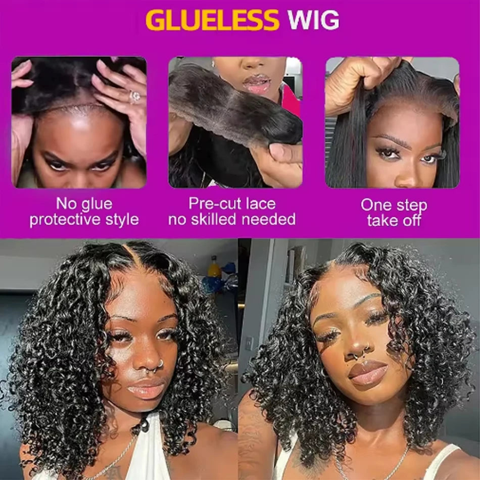 250 Density Glueless Kinky Curly Bob Wig Lace Frontal High Quality Wear And Go 100% Human Hair Wigs Pre Plucked 13X6 Deep Water
