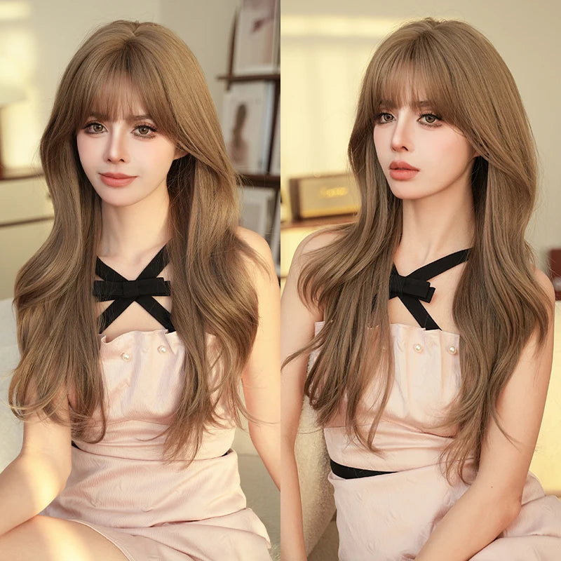 7JHH WIGS Body Wavy Wig Long Loose Curly Brown Wig for Women Daily Use High Density Synthetic Layered Hair Wigs with Bangs