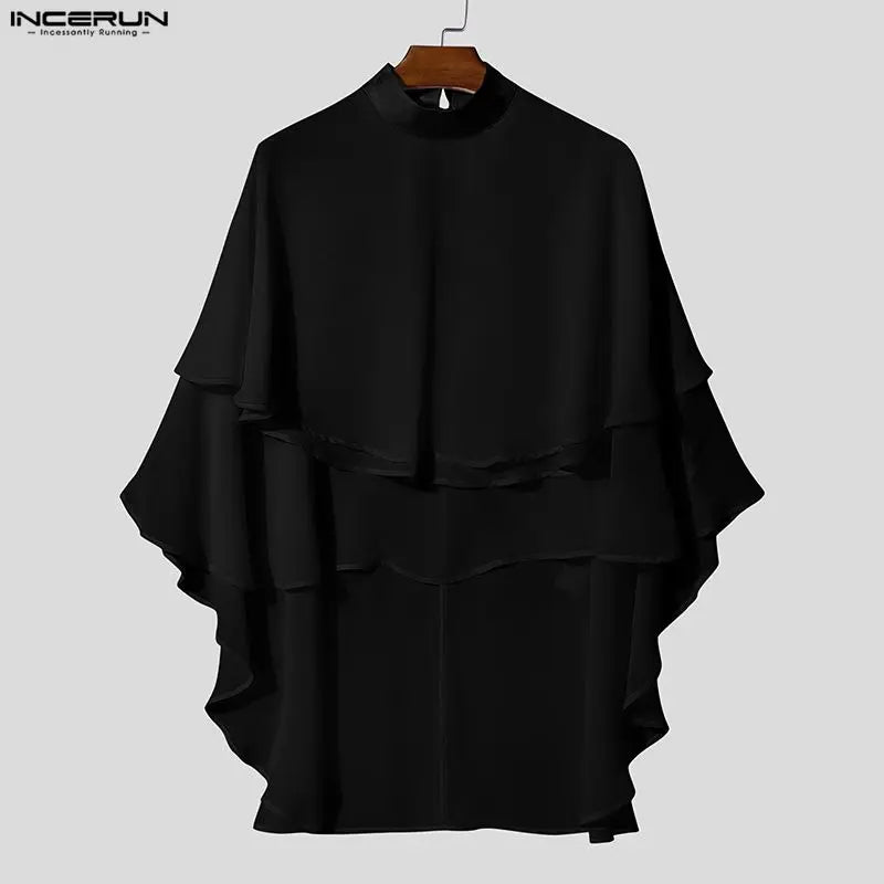 INCERUN Men Irregular T Shirt Solid Color Chiffon Turtleneck Ruffle Male Tee Tops Streetwear Loose Fashion Casual Men Clothing