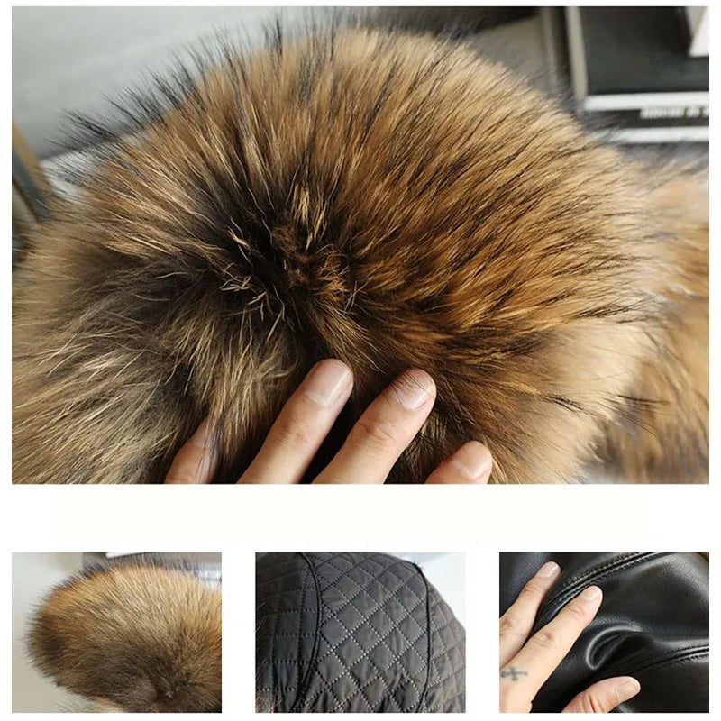 Natural Raccoon Fur Hat Women Black Fox Fur Russian Ushanka Hats Winter Warm Ears Bomber Cap