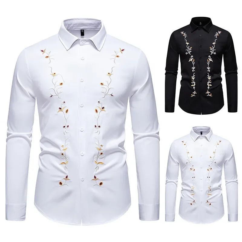 High Quality Men's Casual Long Sleeved Shirt Daily Floral Shirt Party Streetwear Embroidery Tops