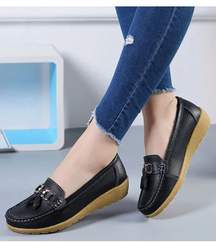 Spring Summer Breathable Casual Loafers For Women Platform Leather Comfort Wedge Moccasins Ladies Vulcanized Sneakers 44