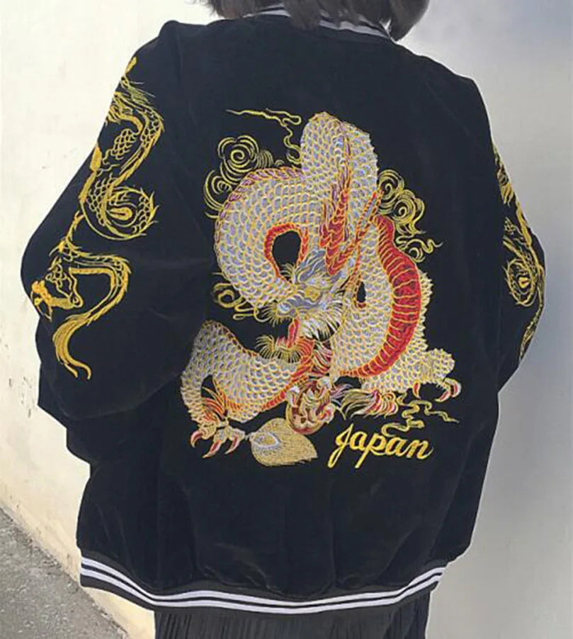 Unisex Spring Autumn Velveteen Baseball Jacket Men Women Luxury Sukajan Dragon Embroidery Bomber Coat Japanese 2026 Z1