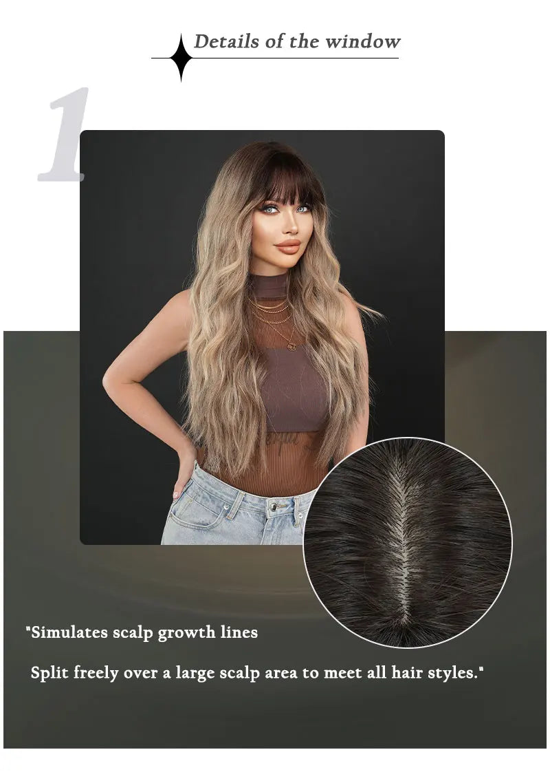 7JHH WIGS Synthetic Loose Wave Brown Wig with Dark Roots High Density Body Wavy Hair Wigs for Women Party Halloween Costume Wigs