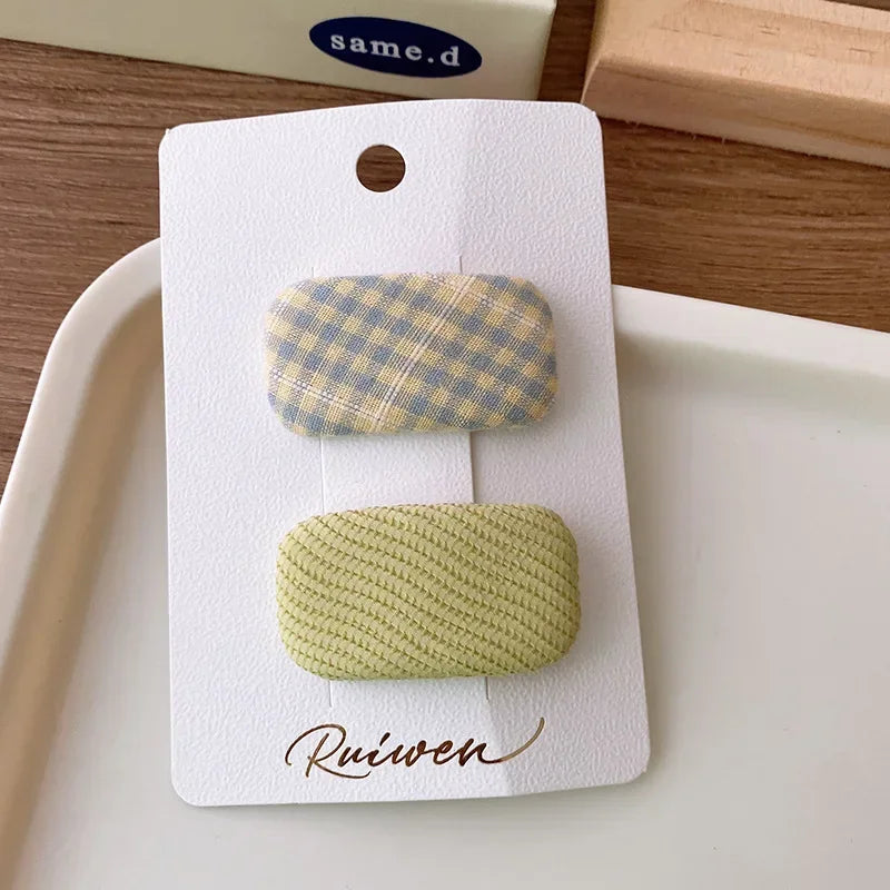 2Pcs/Set Kawaii Girls Sweet Hair Clips Fabric Plaid Cotton Hairpins for Baby Hair Square Shape Women Bangs Barrettes Headwear