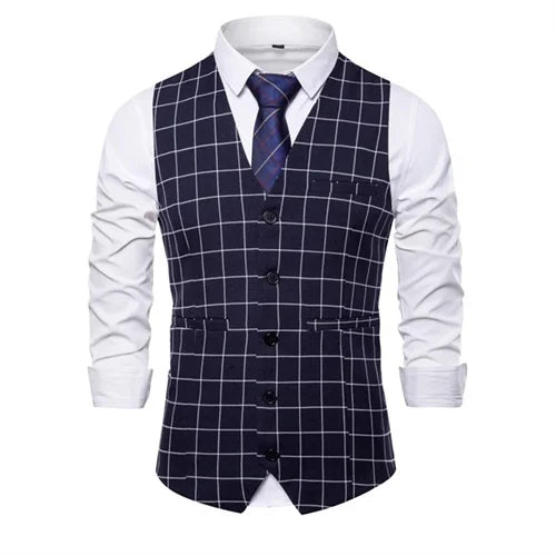 New Men Business Social Checkered Suit Vest Loose Top Homme Wedding Ball Party Dress Waistcoat