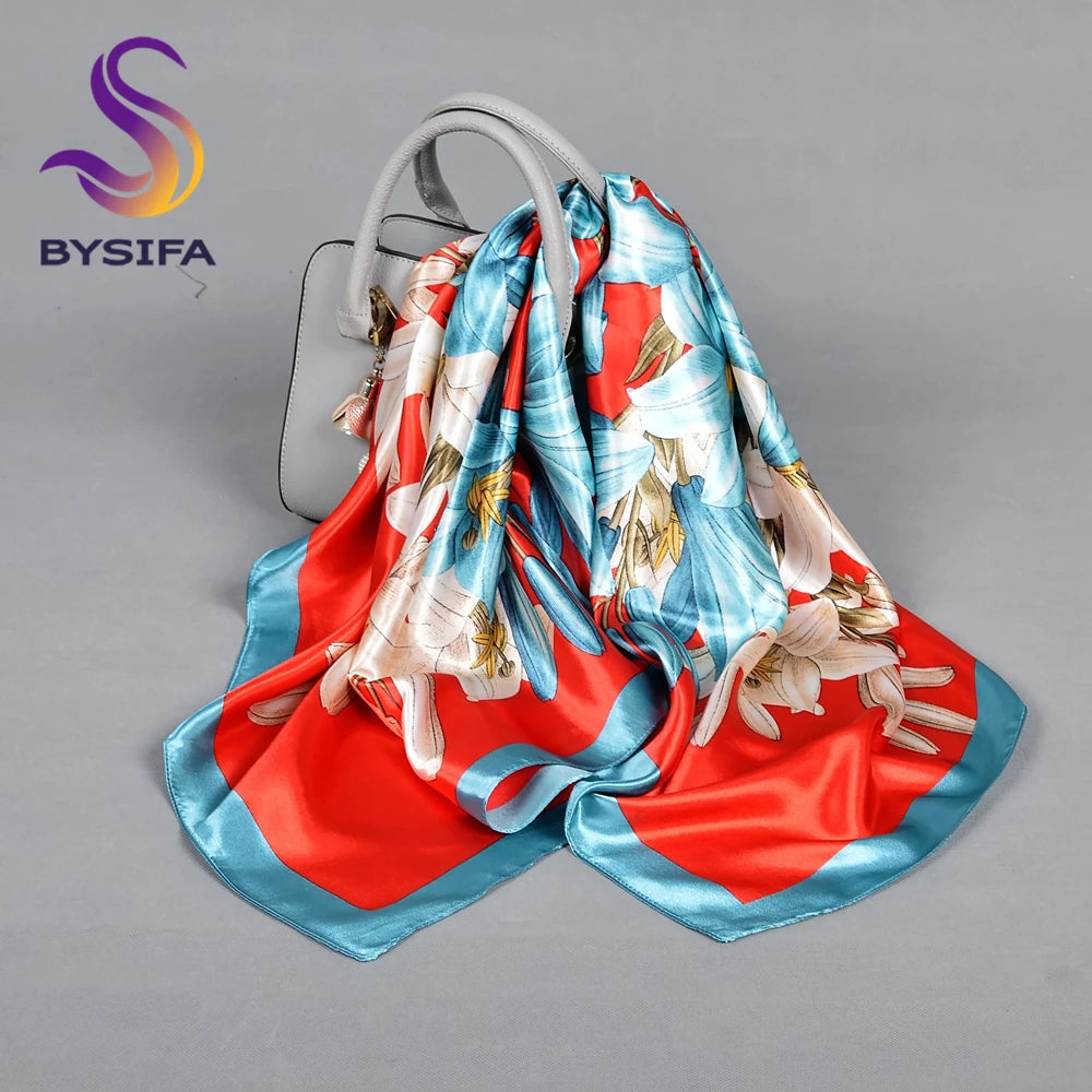 BYSIFA| Blue Pink Silk Women Scarf Spring Fashion Chinese Style Elegant Square Scarves Shawls Fouldard Fall Winter Scarves Wraps