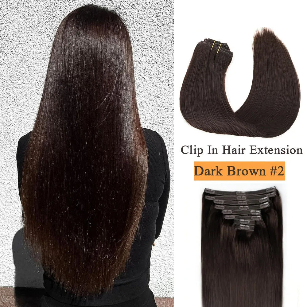 8Pcs Straight Hair Clip In Hair Extensions Human Hair #2 Dark Brown 100% Unprocessed Brazilian Remy Virgin Human Hair For Women
