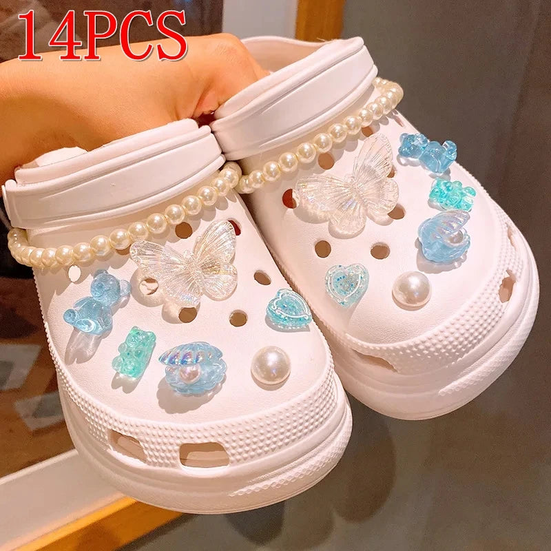 12/14PCS Advanced Bow Shoe Decorations Shoe Charms Set Pearl Butterfly Shoe Decoration DIY Detachable Buckle Shoes Accessories