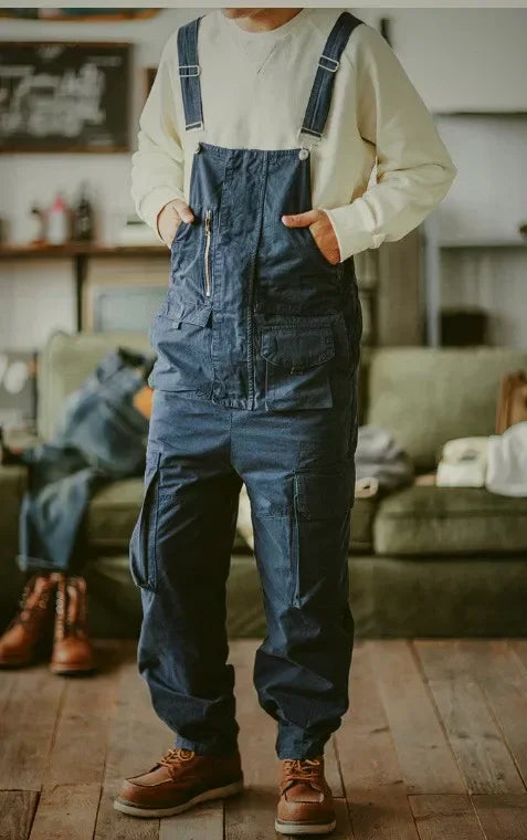 Retro American Cotton Overalls Loose Jumpsuit Men's Cargo Pants Men Suspenders Bibs Four Seasons Full Length Baggy Pants