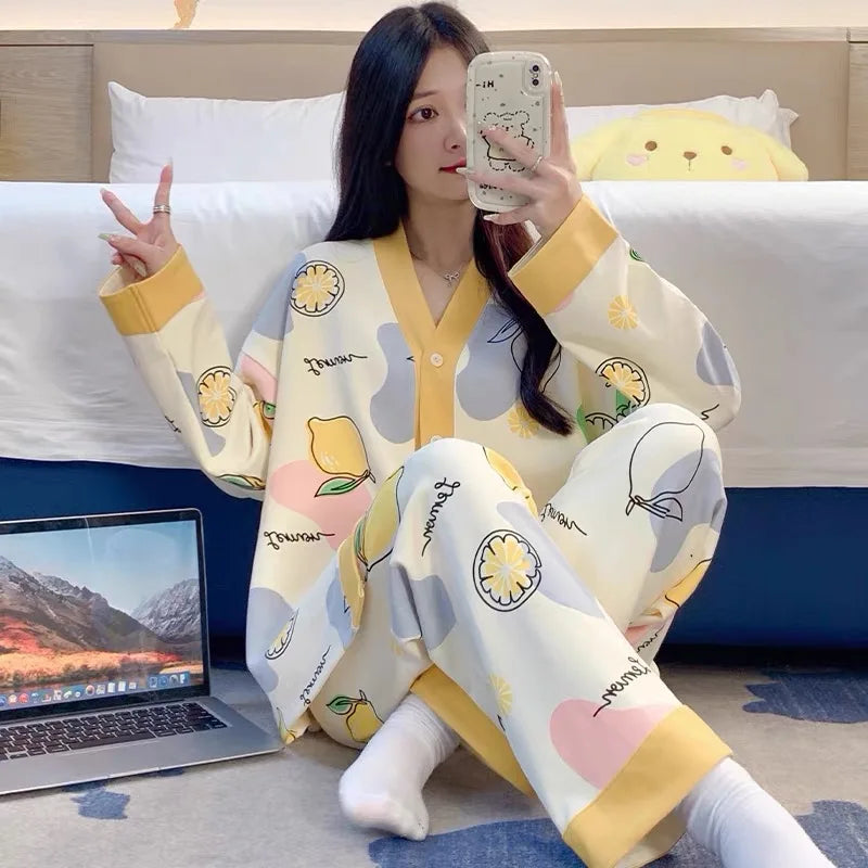 Y2k Women's 100% POLYESTER Pajamas with Cartoon Print Korean Fresh Ins Style Harajuku Lounges 2pcs 2024 New Spring/fall Homewear