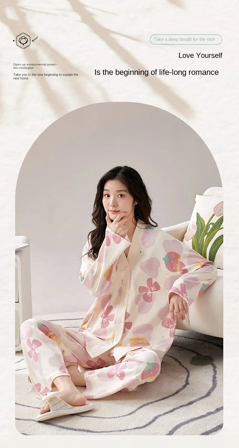 Y2k Women's 100% POLYESTER Pajamas with Cartoon Print Korean Fresh Ins Style Harajuku Lounges 2pcs 2024 New Spring/fall Homewear
