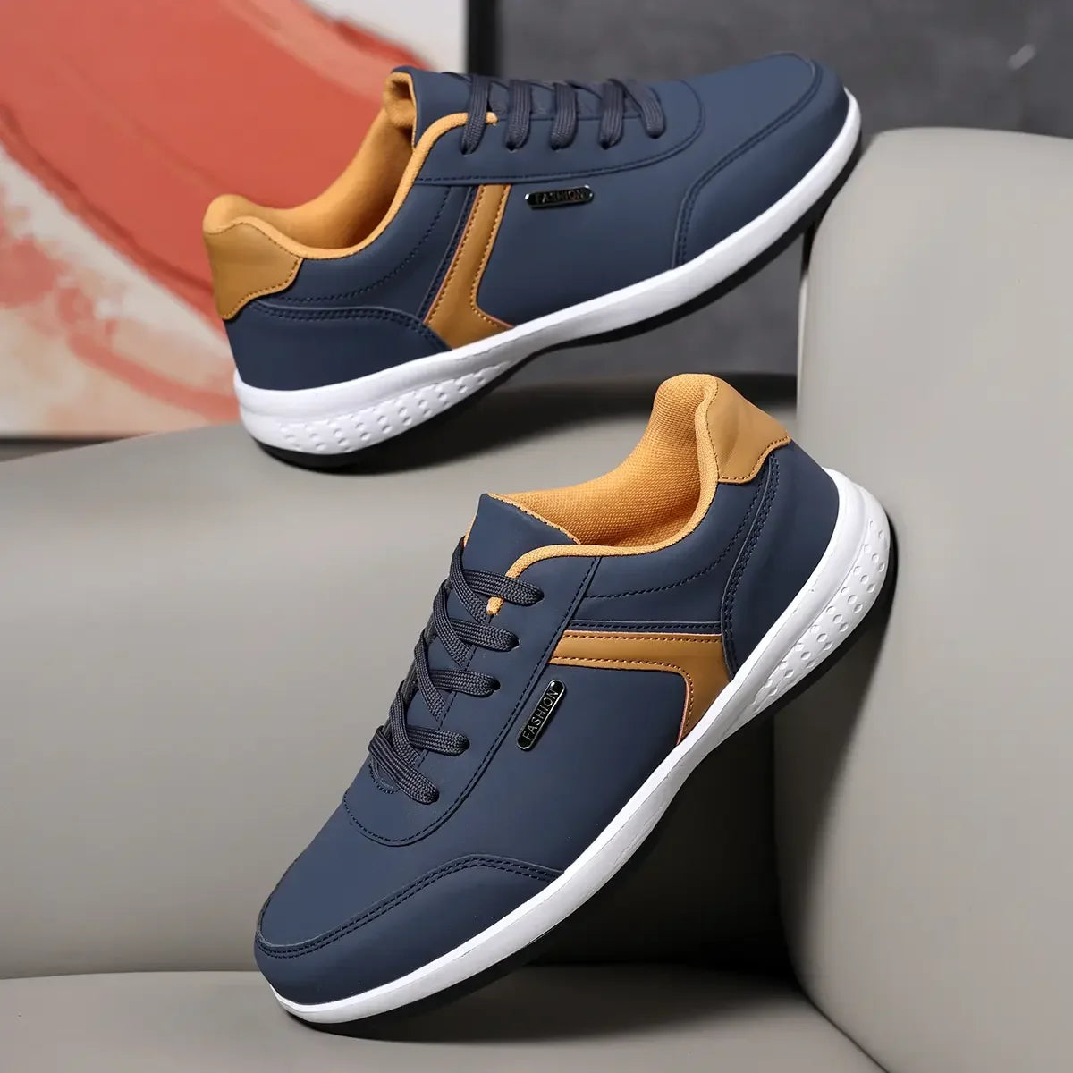 Men's Fashion Sneakers - Khaki Leather Comfortable Tennis Shoes Lace Up Large Thick Bottom Suitable for Daily Use Flat Shoes