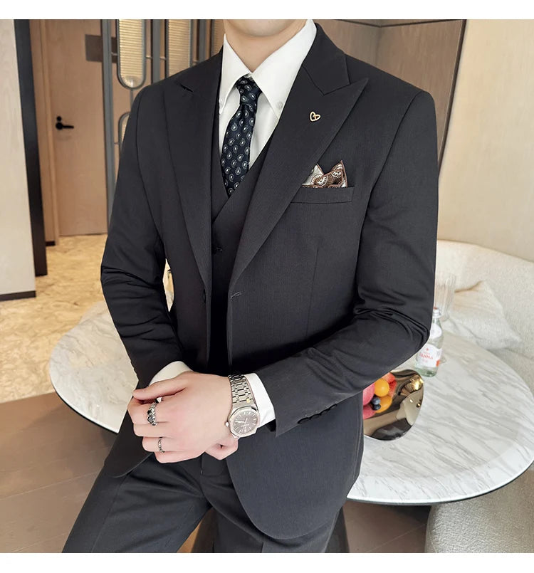 Slim-Fit Three-Piece Set Korean Style Two-Button Groomsmen Formal Wedding Business Suit Handsome Groom Best Man Dress High-