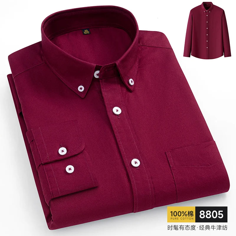 100% Pure Cotton Men Shirts Long Sleeve Dress Shirts Male Slim Social Business Blouse Solid Color Oxford Shirt 8XL 10XL 11XL