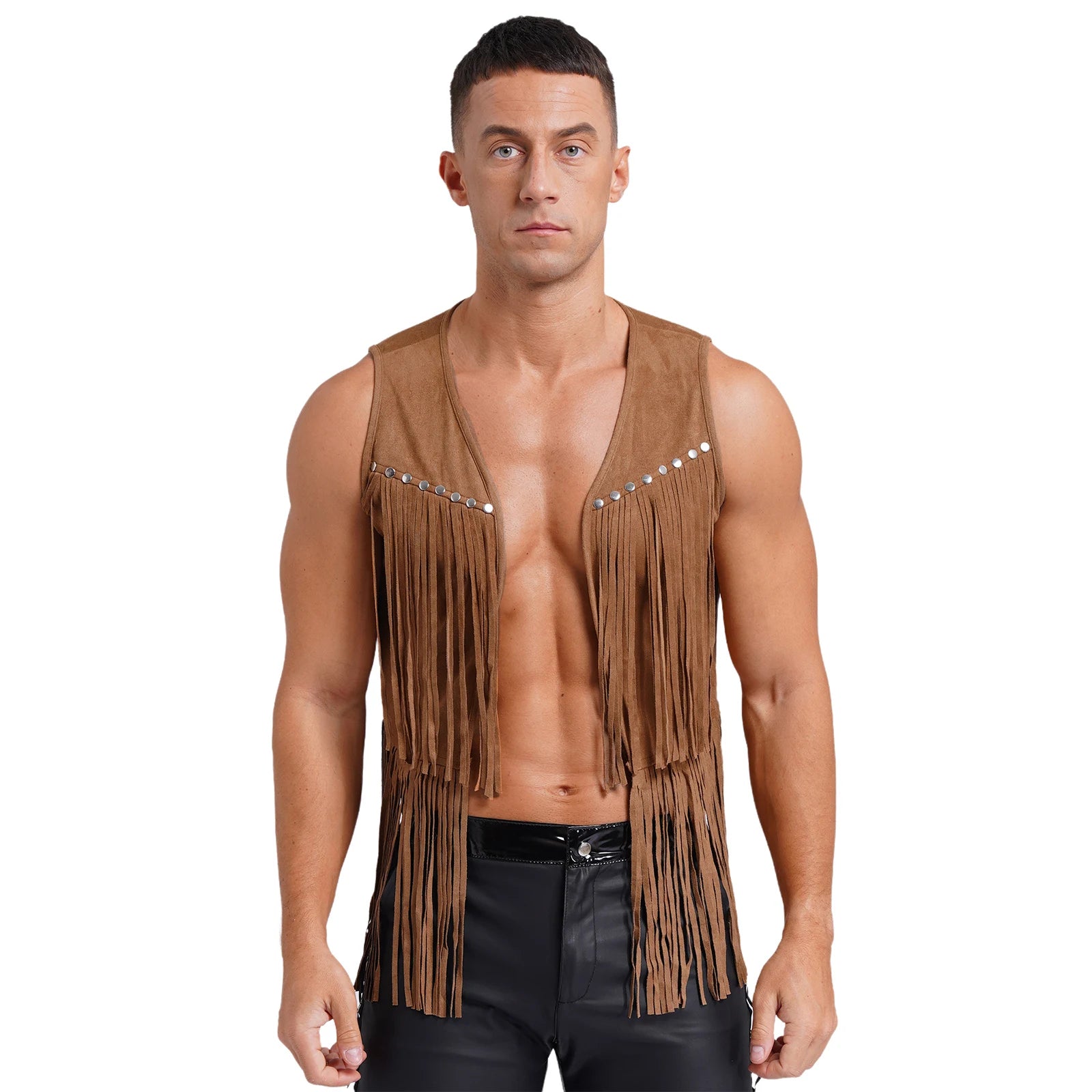 Mens Faux Suede Tassel Vest Coat Punk Western Cowboy Costume Fashion Rivets Fringe Waistcoat Open Front Sleeveless Jacket Tops
