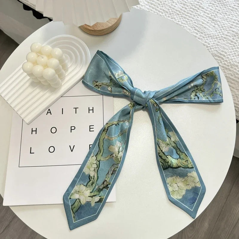 High-Grade Flower Print Long Silk Scarf Hair Band Ribbon Tied-up Hair Long Bow Vintage Satin Ribbon Hair Accessories For Women
