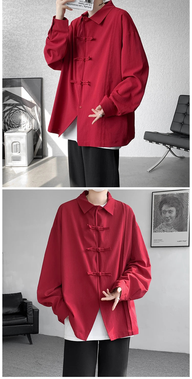 Men's Dial Buckle Solid Long Sleeve Shirt Chic Pleated Decor 2024 Spring New Loose Casual Traditional Chinese Style Clothing