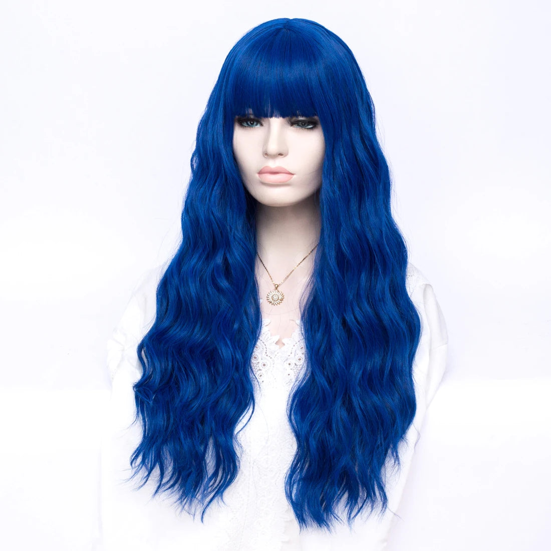 MSIWIGS Women Long Wavy Lolita Blue Wig Synthetic Cosplay with Bangs For Holloween Party Anime Heat Resistant