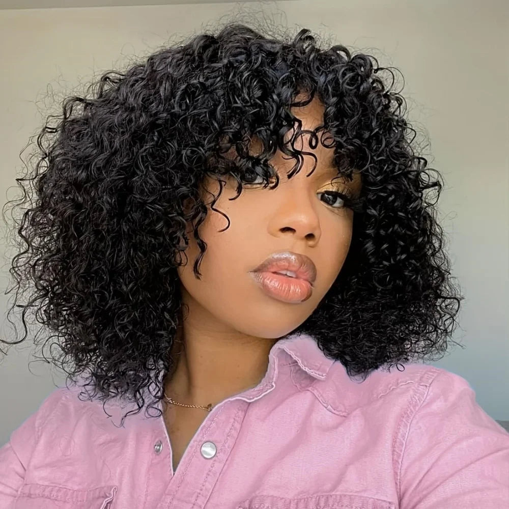 Curly Bob Wig With Bangs Short Bob Curly Wig for Women Natural Color Brazilian Human Hair Deep Wave Bob Wig With Bangs 16 Inch