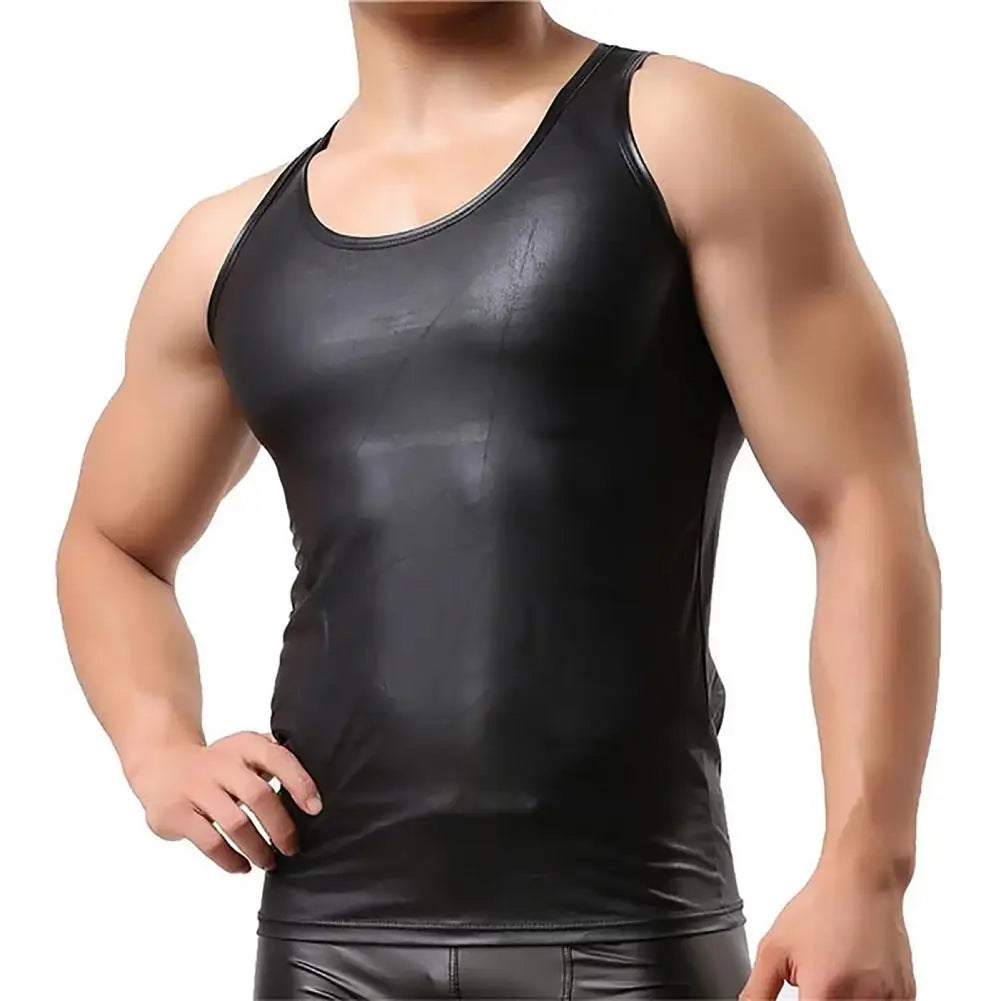 Men Club Vest Solid Color Smooth Surface Slim Fit Sleeveless Round Neck Faux Leather PClub Tank Top Men Clothes t shirt man