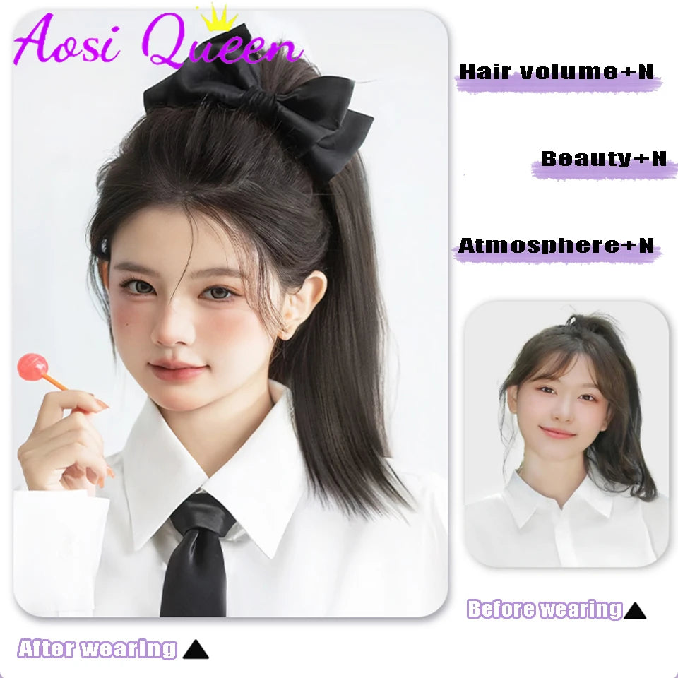 AOSI Synthetic Bow Wig Ponytail Female Clamping Style Long Straight Hair High Ponytail Long Hair Braided Straight Ponytail