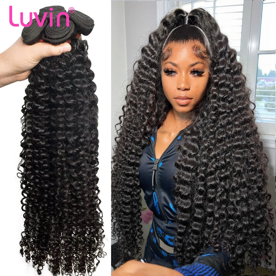 Luvin Deep Wave Human Hair Bundles 30 34 Inch Curly Hair Weaving Remy Unprocessed Tissage Double Weft Virgin Hair Extensions