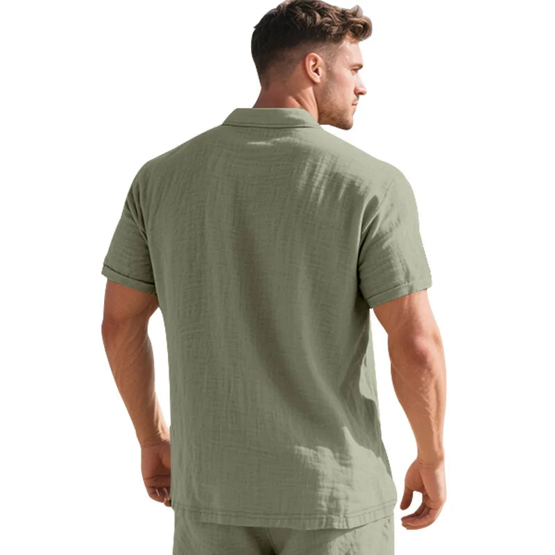 2025Summer New Men's Shirt British Style Loose Trendy Breathable Linen Casual Polo Collar Series POLO Shirt Short Sleeve