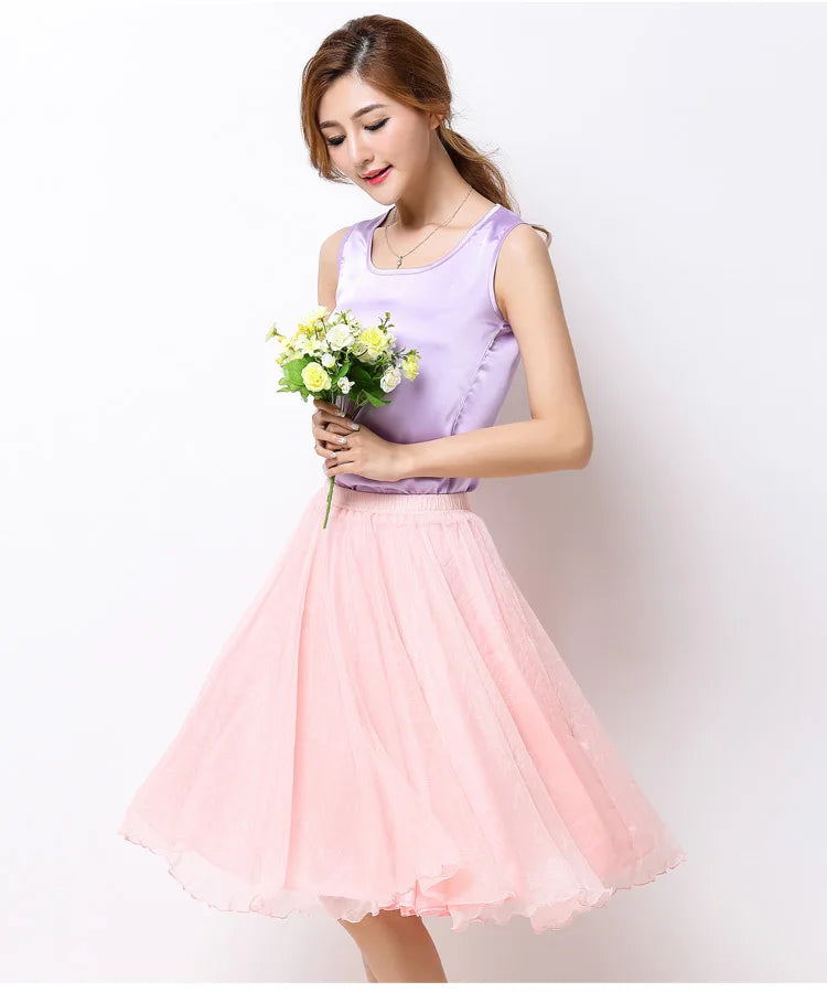 Summer Women Silk Tutu Skirts Chiffon Pleated Dance Beach Wedding Party Skirt Black White Elastic High Waist Midi Skirts