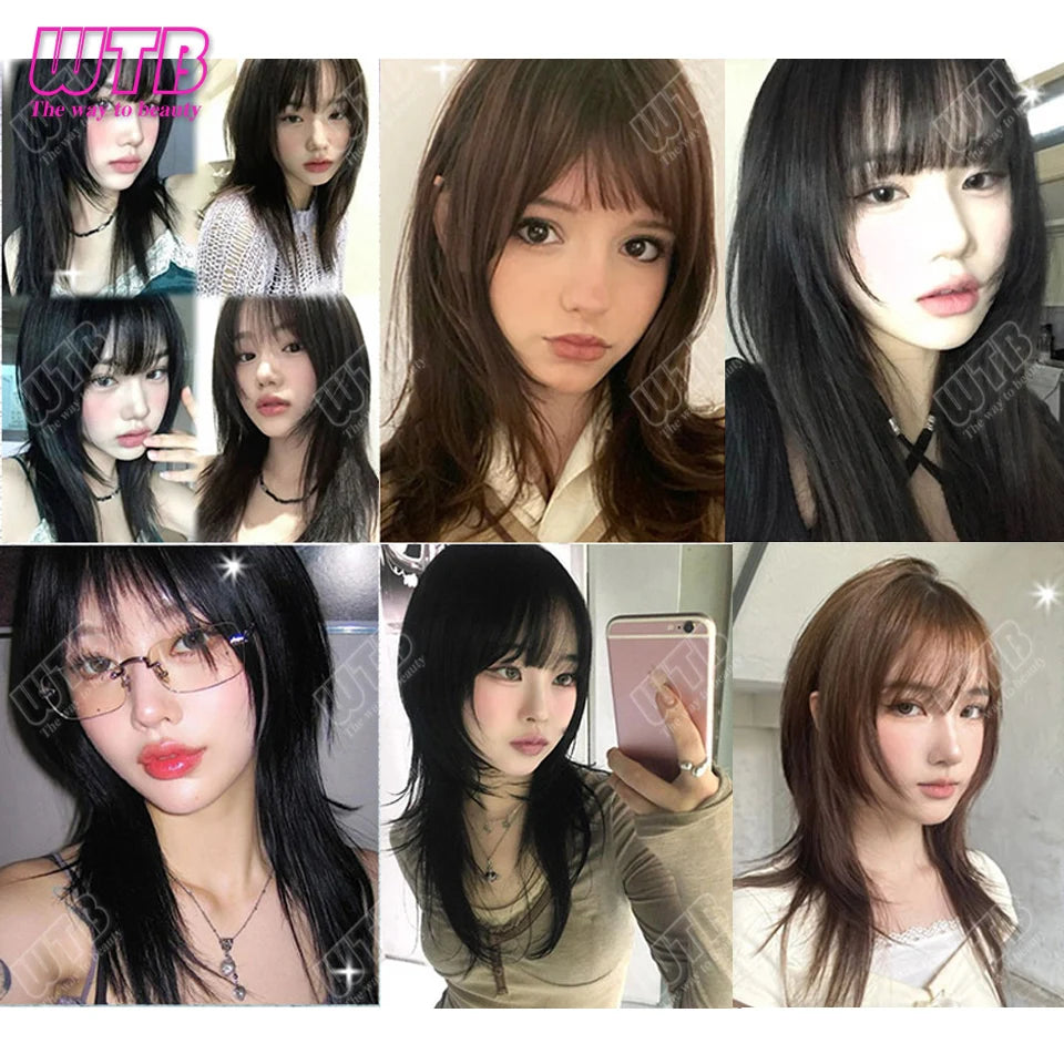 Natural Straight Blunt Bangs Synthetic Natural Brown Black False Fringe Clip In Front Hair With Fringe with Temples Daily Wear