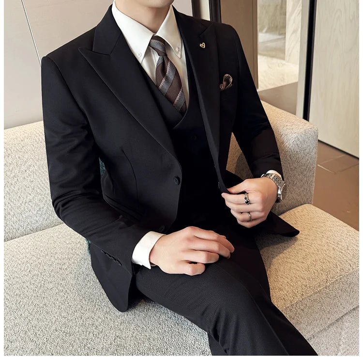 Slim-Fit Three-Piece Set Korean Style Two-Button Groomsmen Formal Wedding Business Suit Handsome Groom Best Man Dress High-