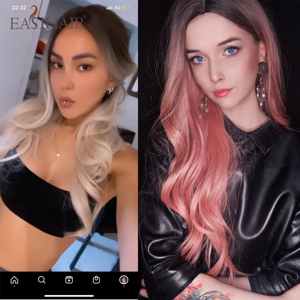EASIHAIR Ombre Brown Light Blonde Platinum Long Wavy Middle Part Hair Wig Cosplay Natural Heat Resistant Synthetic Wig for Women