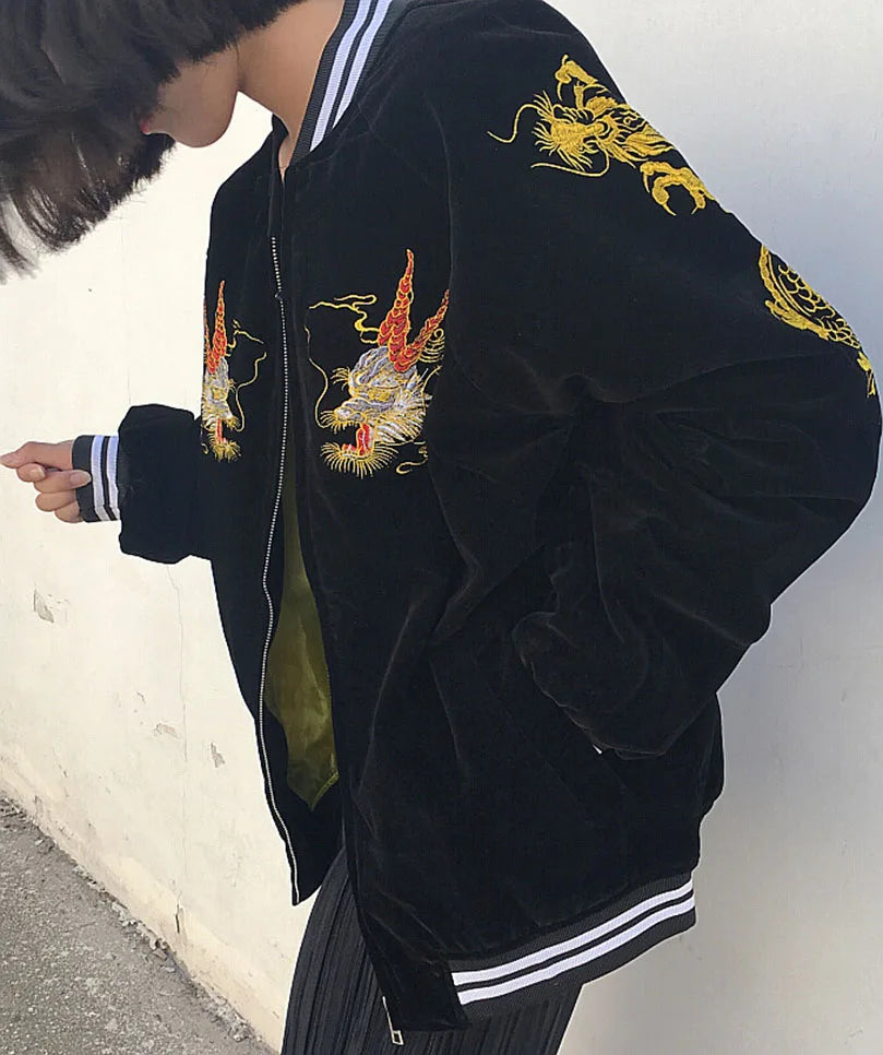 Unisex Spring Autumn Velveteen Baseball Jacket Men Women Luxury Sukajan Dragon Embroidery Bomber Coat Japanese 2026 Z1
