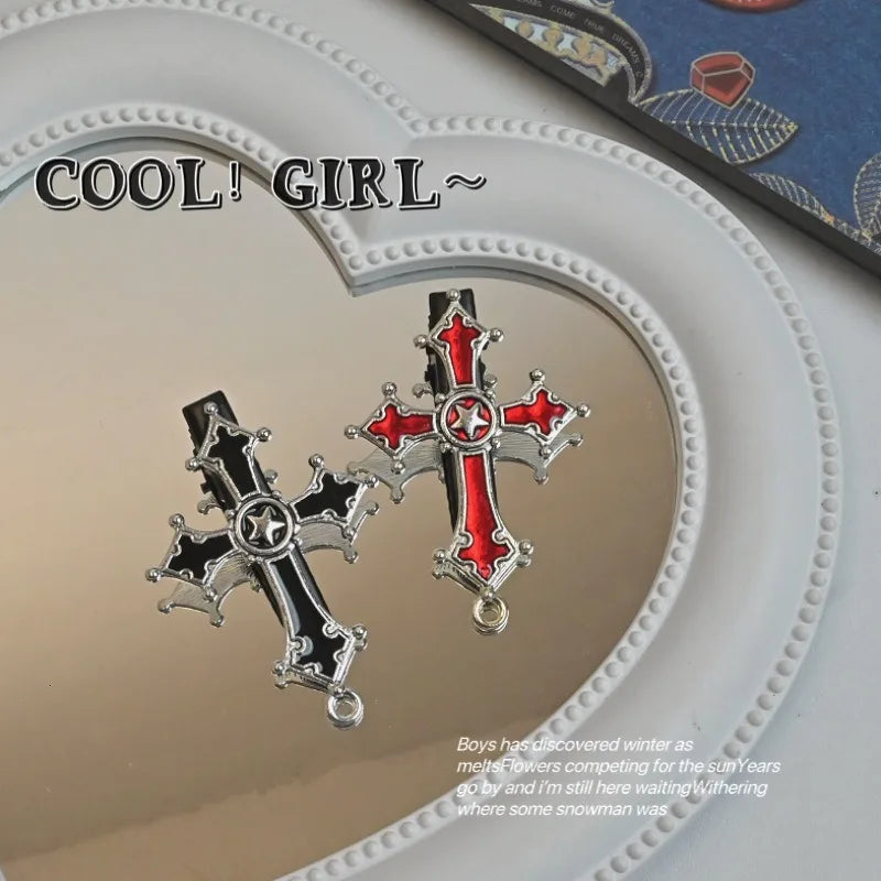 Dark Punk Gothic Cross Hair Clip Y2k Subculture Niche Design Sweet Cool Style Edge Bangs Clip Personality Accessory