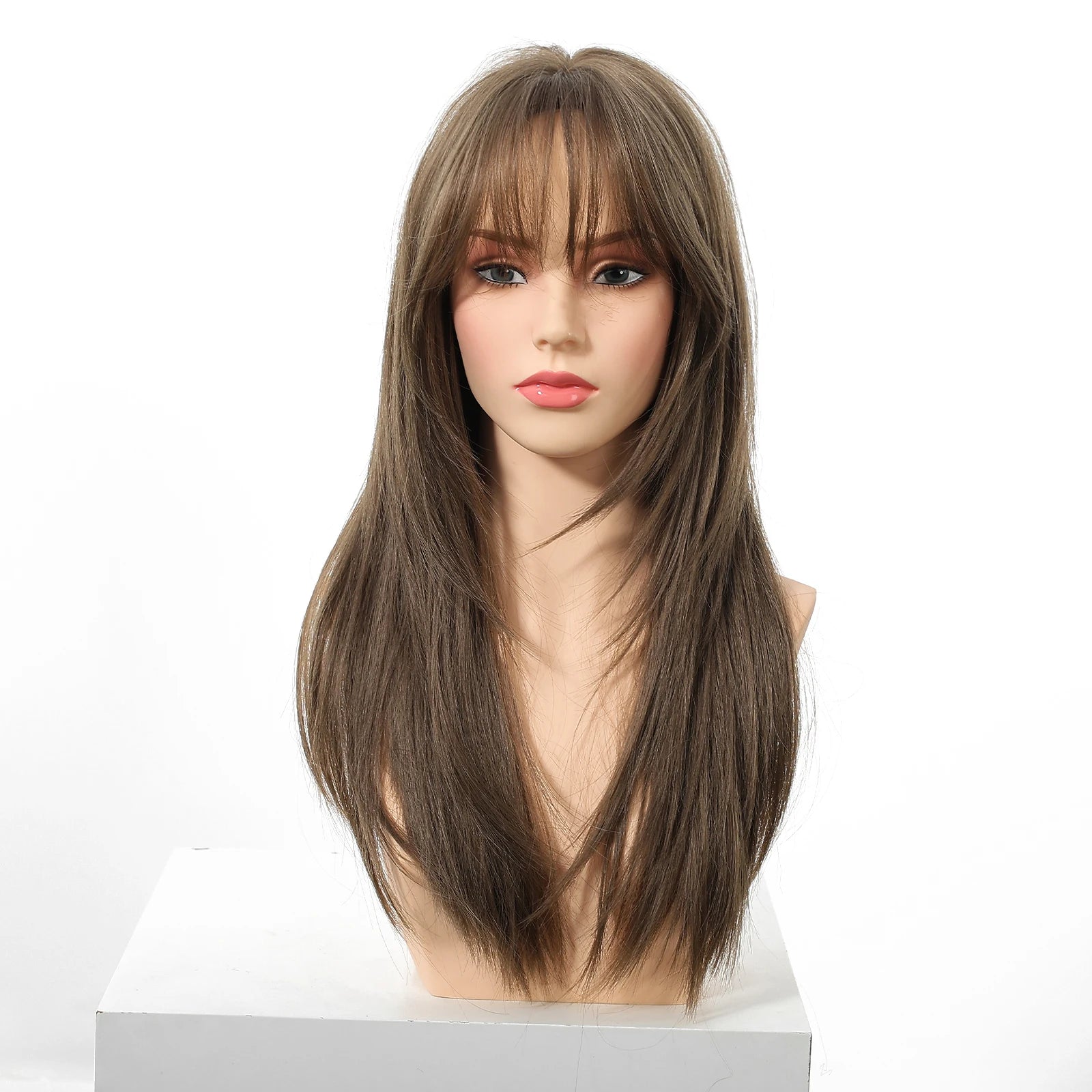 EASIHAIR Brown Straight Layered Wigs for Women Long Natural Hair Synthetic Wigs With Bangs Daily Use Party Heat Resistant Wigs