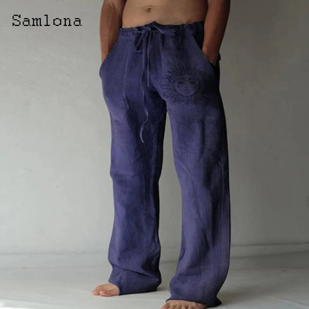 Samlona 2025 Men's Pocket Design Linen Pants Drawstring Loose Trouser Plus Size 3xl Mens Fashion Birds Feather Print Sweatpants