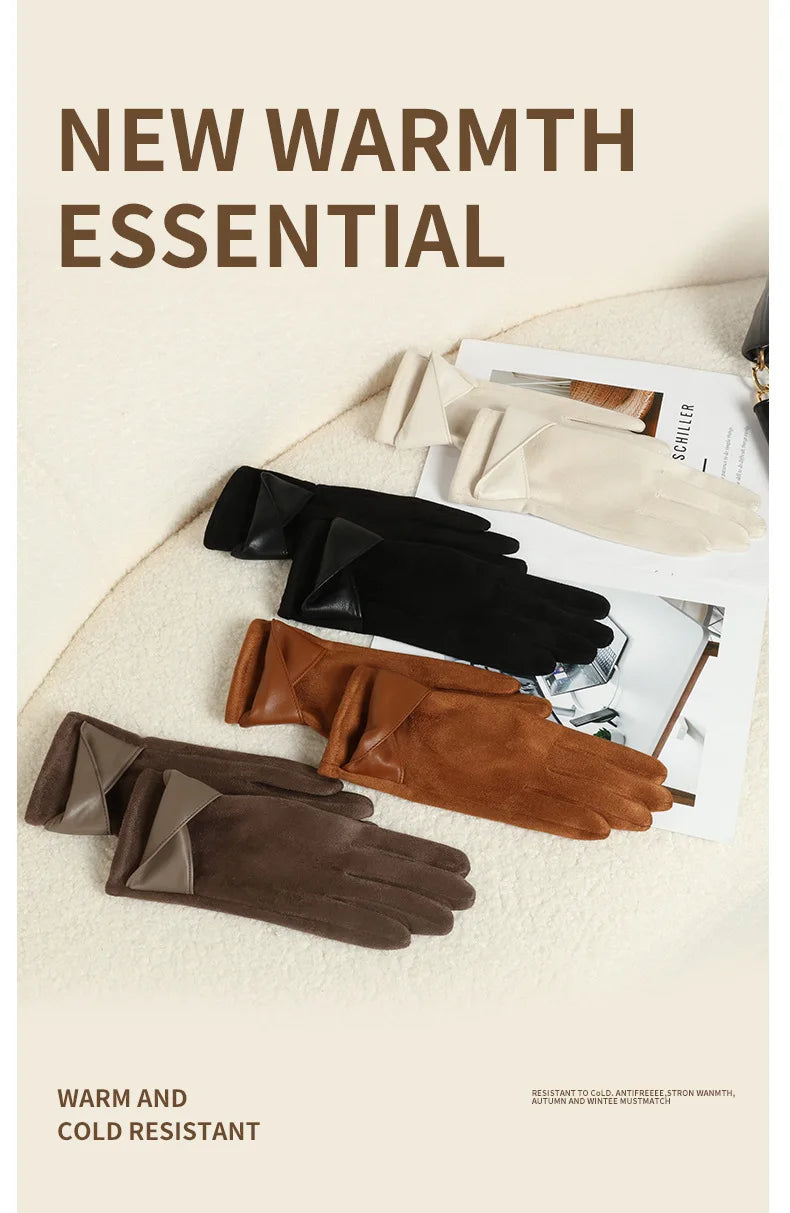 New Suede Gloves for Women Winter Plus Velvet Warm Commercial Style Temperament Bow Touch Screen Riding Driving