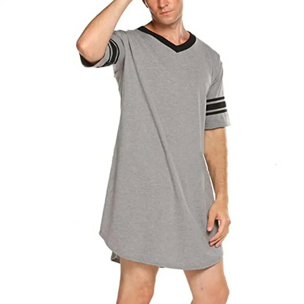 Men Summer Top Color Matching Men Loungewear Long Style Short Sleeve V Neck Home Clothes Striped Print Sleeping Clothes For Men