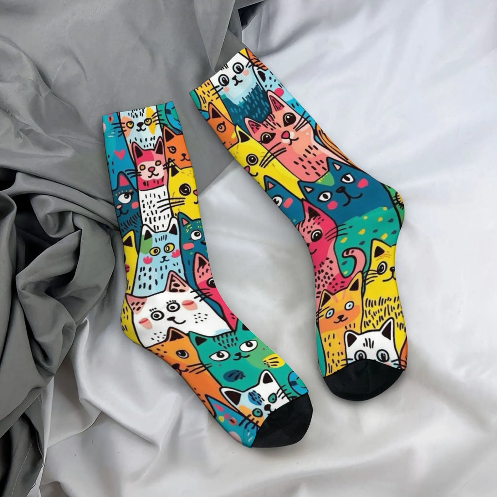 Cute Cartoon Cat Happy Men's Socks Harajuku Style Novelty Funny Hip-Hop Socks Comfortable Breathable Casual Sports Fashion Socks