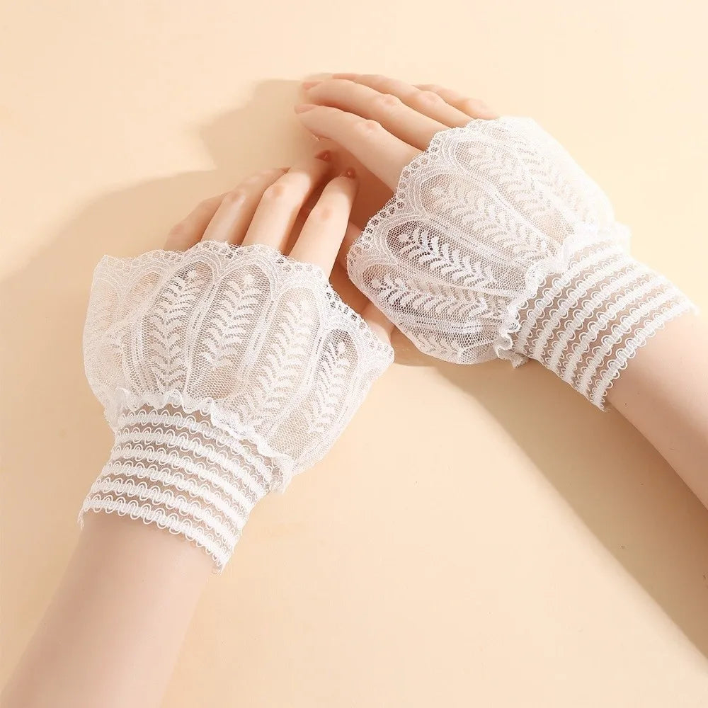1 Pair Versatile Elegant Fake Cuffs Embroidery Pattern Detachable Lace Sleeves Solid Color Thin False Cuffs For Women