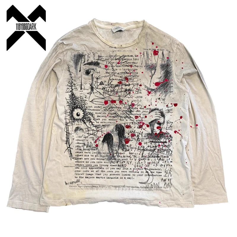 Vintage Washed Long Sleeves T-Shirt Summer Graffiti Printed Destroyed Dirty T Shirt Hip Hop Streetwear Cotton Tops Tees