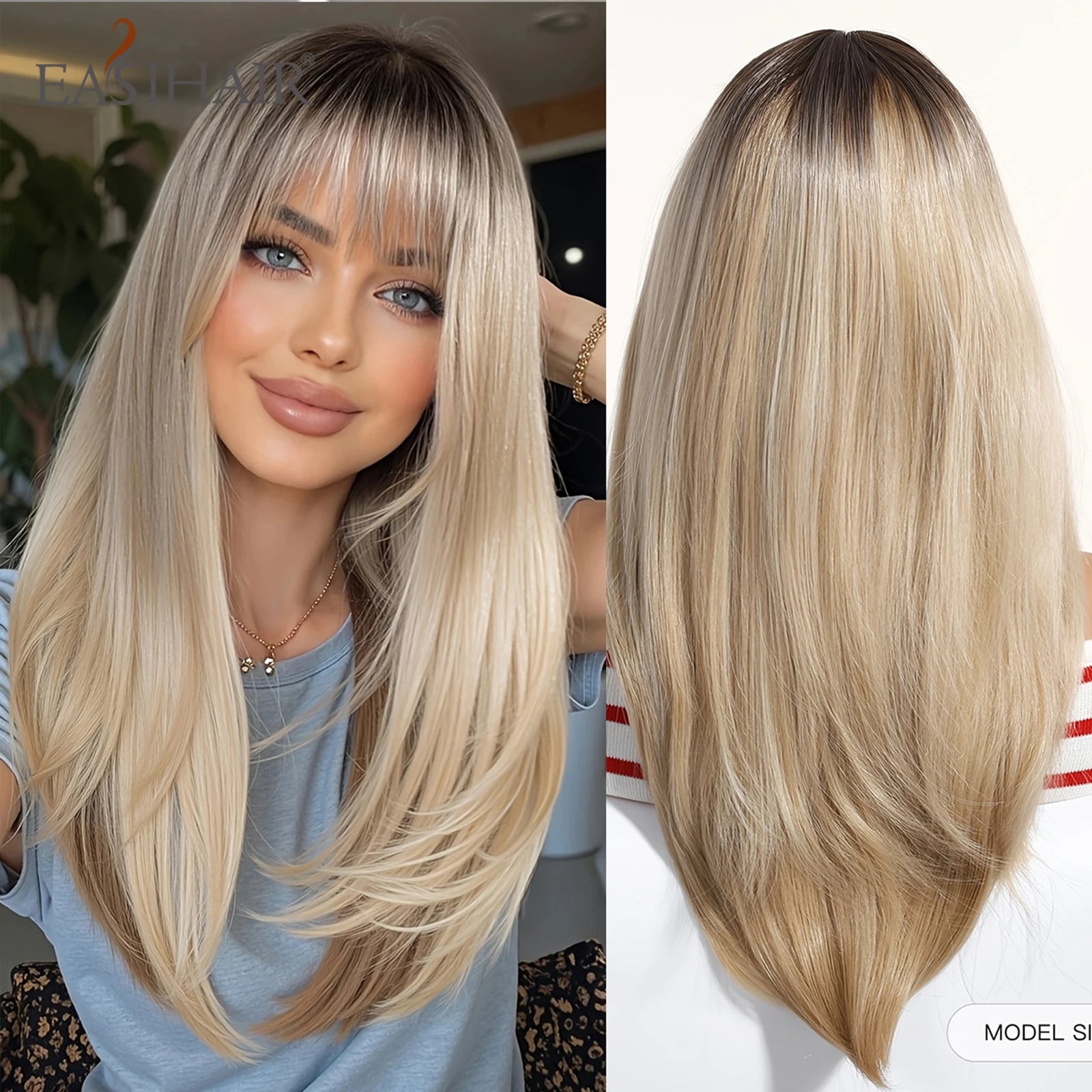 EASIHAIR Brown Straight Layered Wigs for Women Long Natural Hair Synthetic Wigs With Bangs Daily Use Party Heat Resistant Wigs