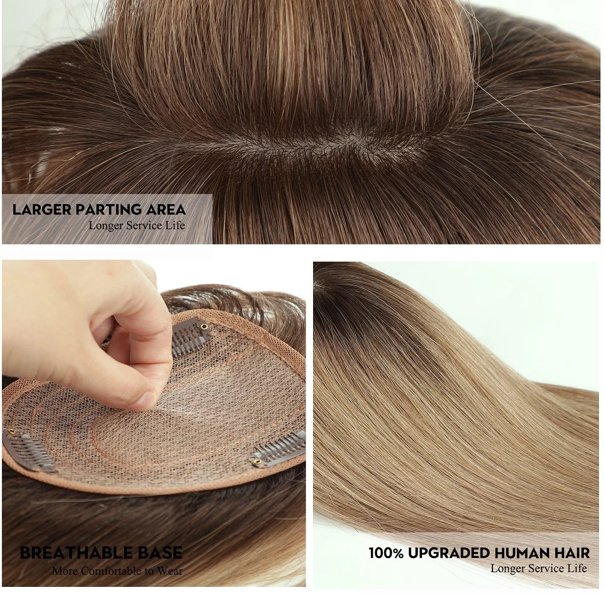 Ombre Brown Real Human Hair Toppers Wigs with Bangs Silk Base Clip Pieces 14inch Straight Topper Hairs for Women Hair Extension