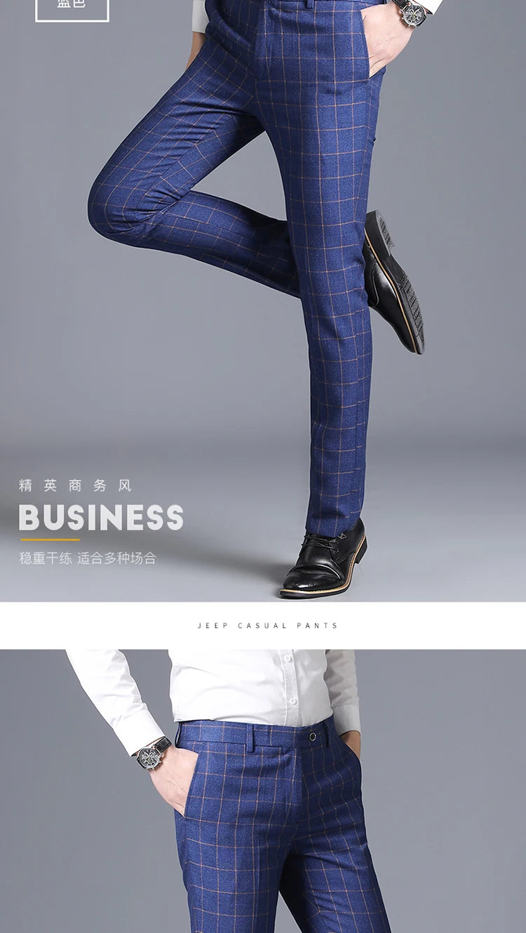 2025 New Burgundy Navy Plaid Casual Suit Pants for Men, Beige/Blue Vertical Stripe Non-Iron Slim Small Leg Work Trousers Men