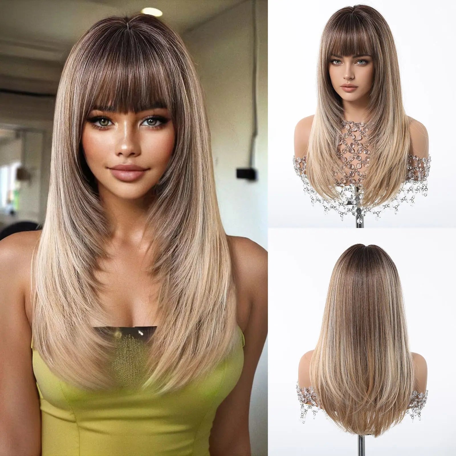 EASIHAIR Purple Synthetic Wigs for Women Long Straight Layered Hair Wigs With Side Bangs Ombre Purple Black Wigs Heat Resistant