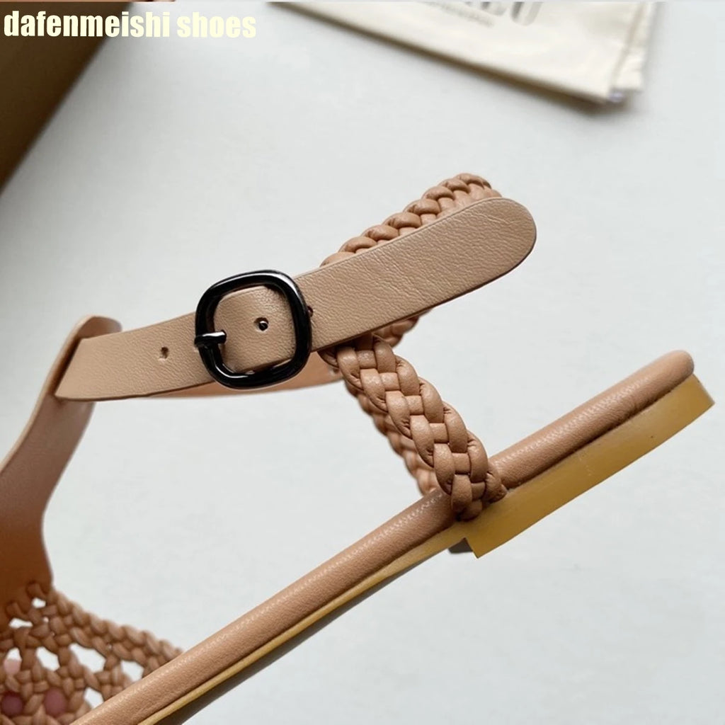 Flat Genuine Leather Woven Sandals Women's Hemp Rope Square Toe Summer Roman Shoes Singback Solid Color Fashion Shoes